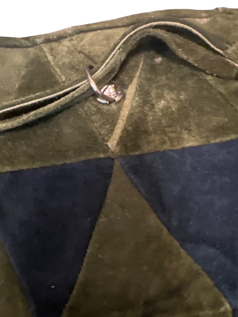 70's Vintage Suede Shoulder Bag Fringe & Drawstring Closure Green Blue Diamond - Picture 5 of 6